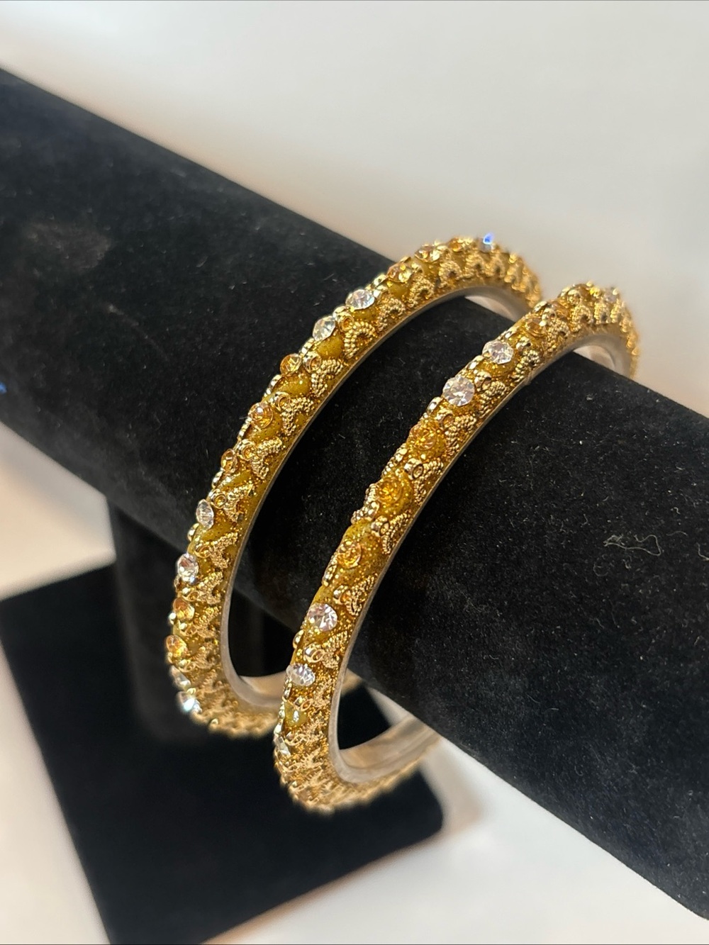 Gold Tone Rhinestone Bangle Bracelet Set Pair Clear Champagne Crystal Glam